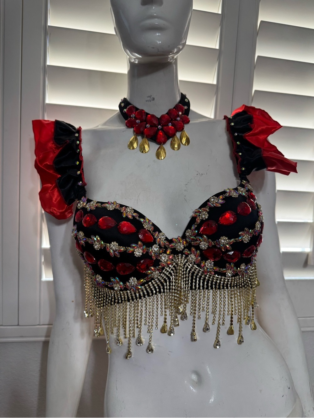New L red jeweled black bra top lingerie festival rave outfit carnival beaded - Picture 13 of 13